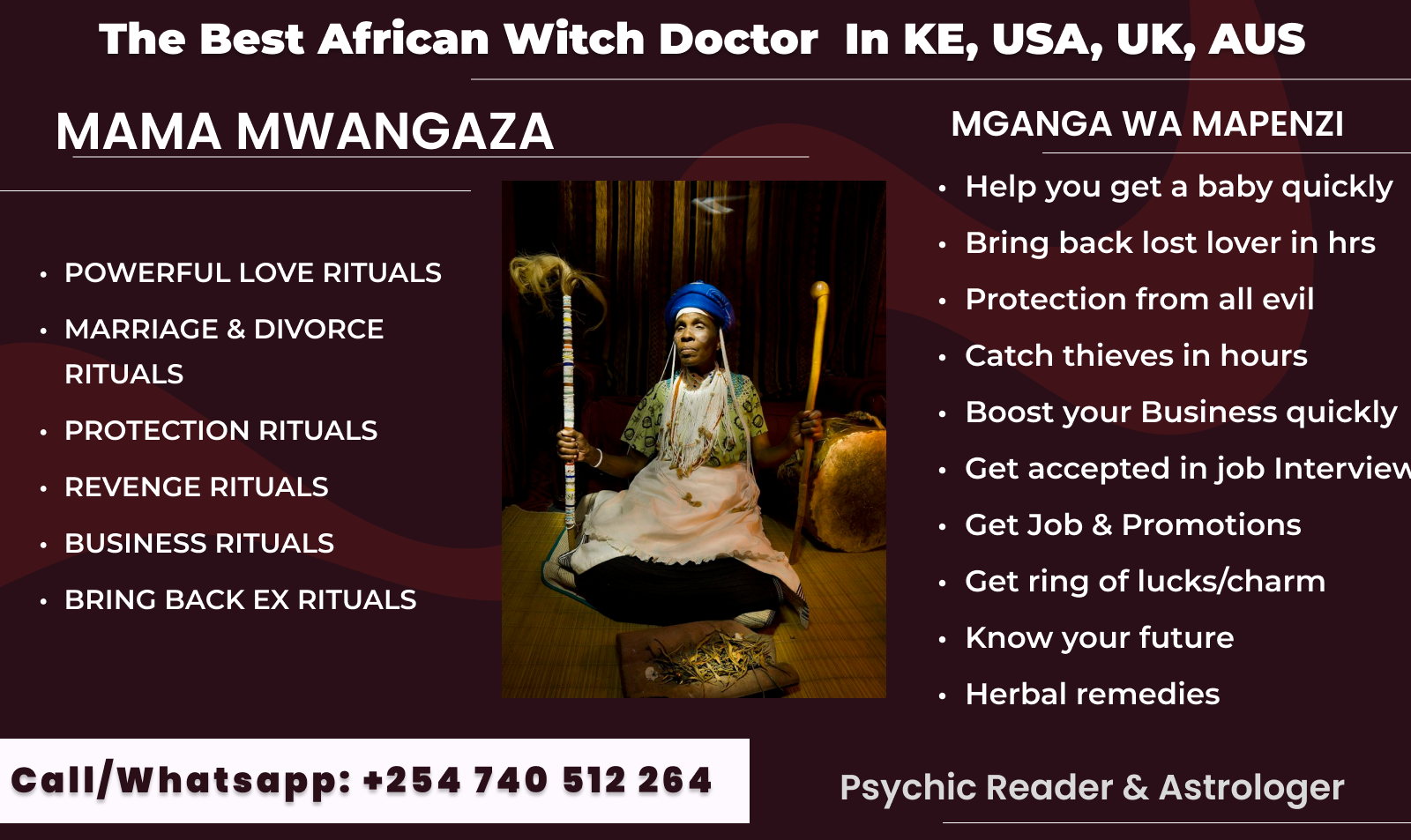 Poster showing Mama Mwangaza with her ritual staff beside a list of love, protection and business rituals